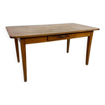 Table de ferme en cerisier français antique avec tiroir