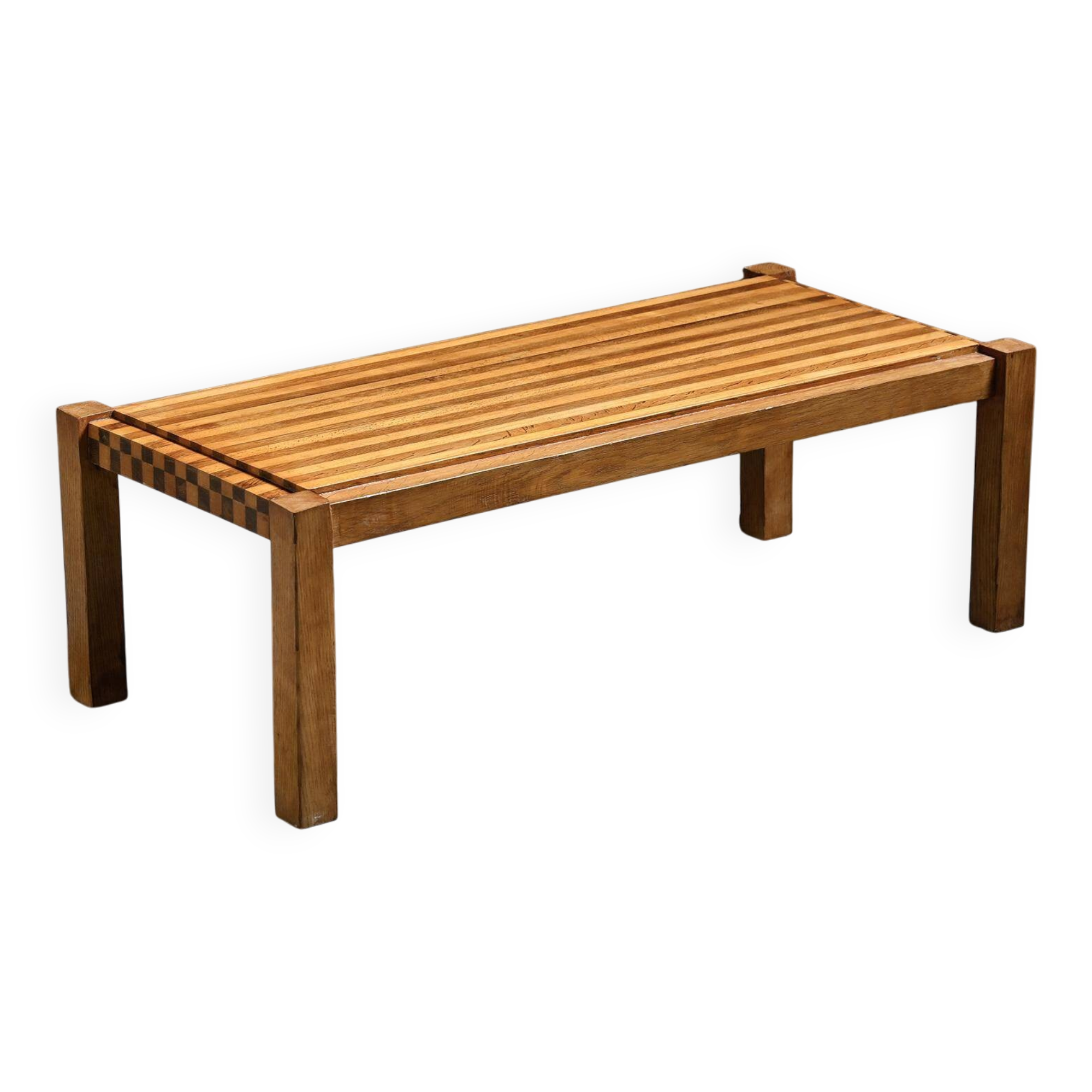 Two-tone wooden graphic coffee table, circa 1960.