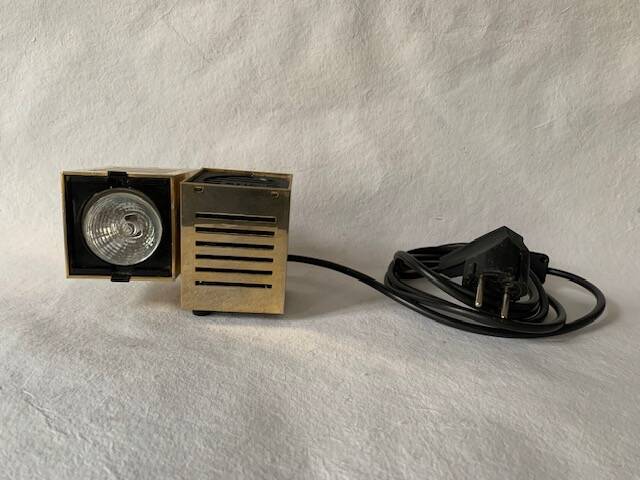 Old spot lamp, square, golden, to table, Aric cubes 70s