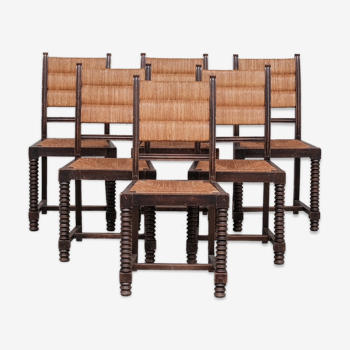 Set of six rush mid-century dining chairs