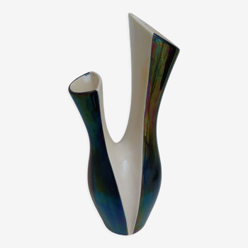Large vase with double neck iridescent ceramic 60s