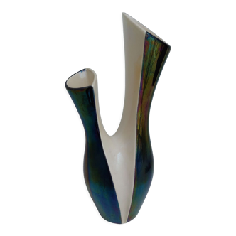 Large vase with double neck iridescent ceramic 60s