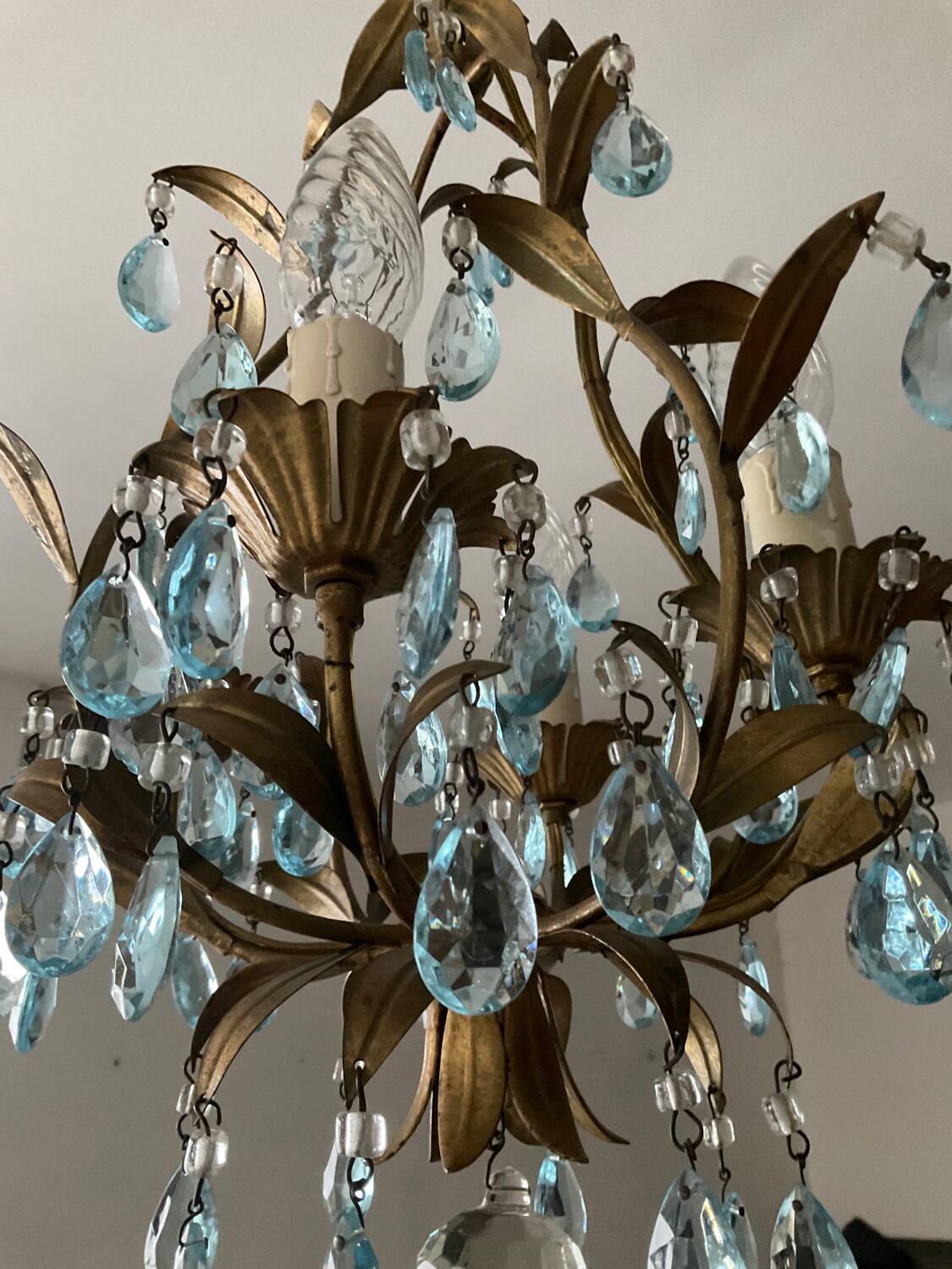 Antique Italian chandelier with cage and blue tassels