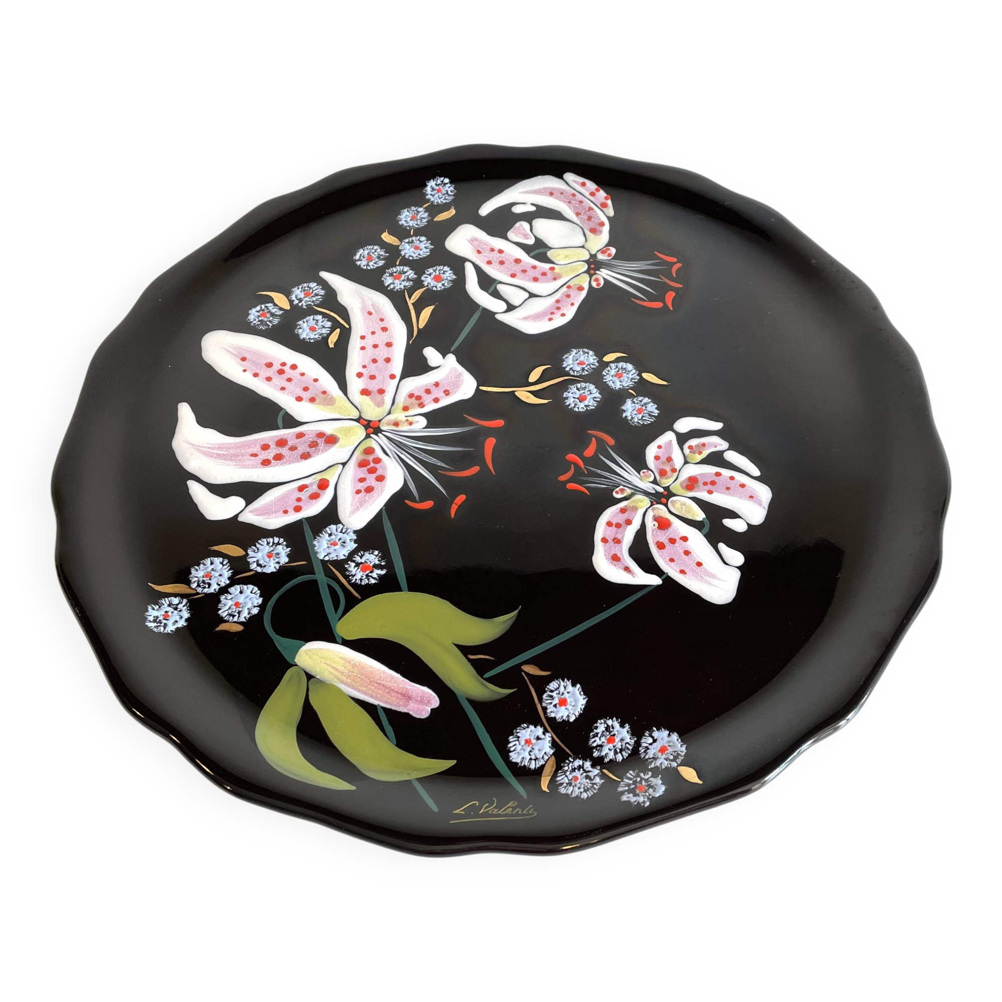 LONGWY PLATTER WITH LILIES signed L. VALENTI