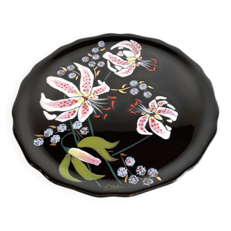 LONGWY PLATTER WITH LILIES signed L. VALENTI