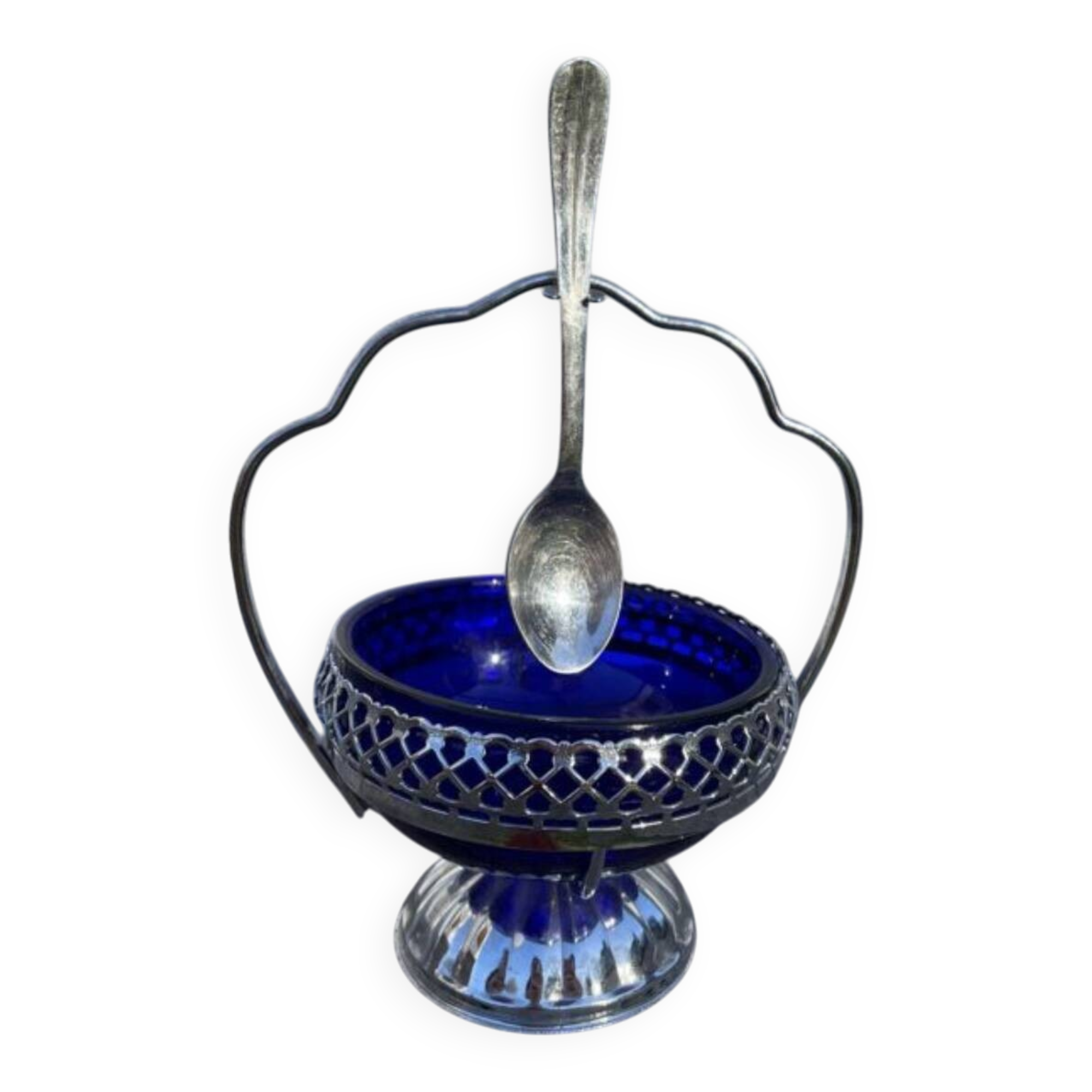 Silver-plated metal and blue glass sugar and salt shaker