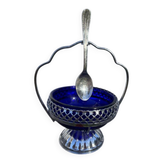 Silver-plated metal and blue glass sugar and salt shaker
