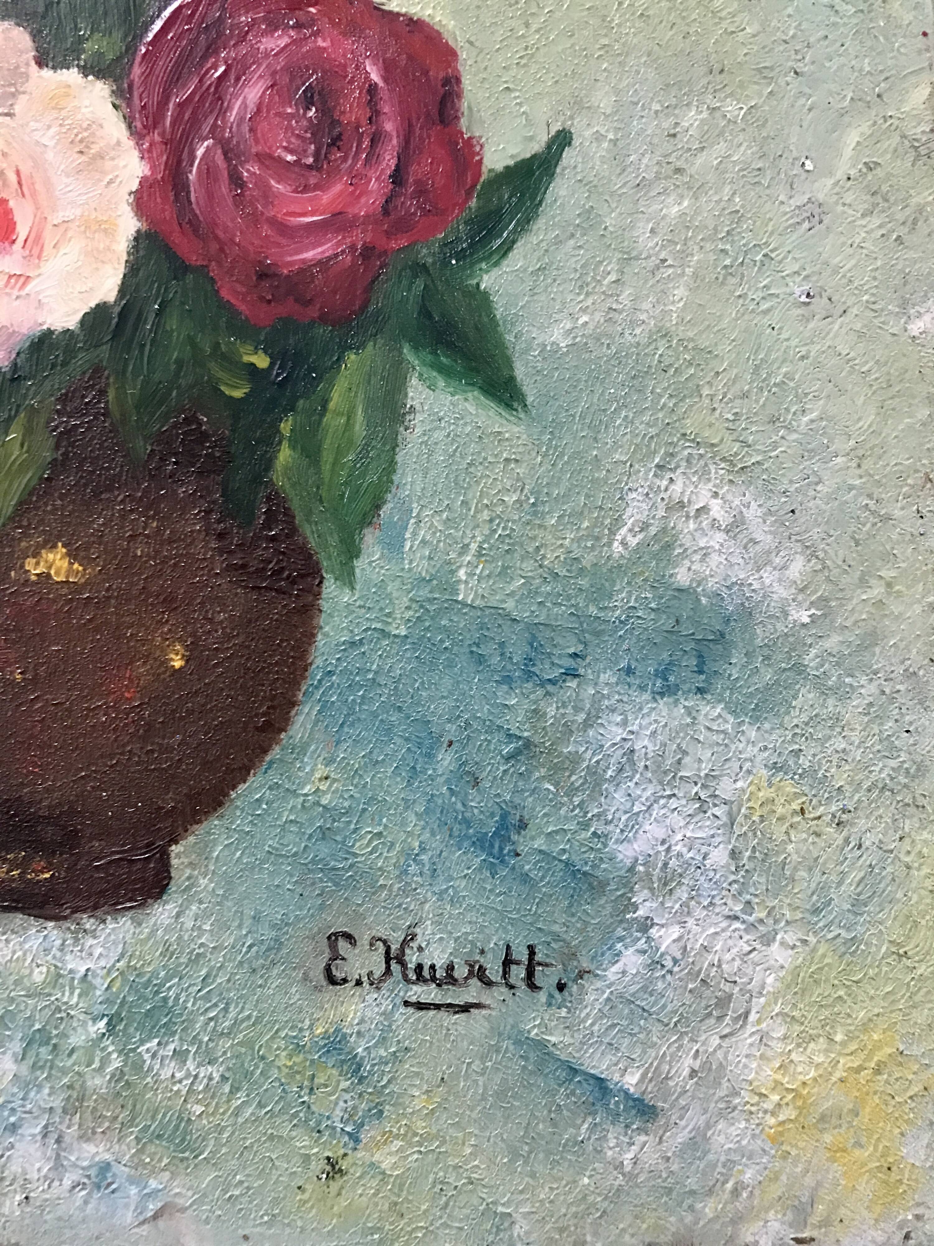 Small old still life painting of a bouquet of roses