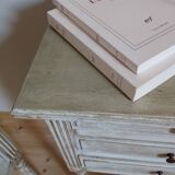 Pair of patinated bedside tables. Three drawers. End tables.
