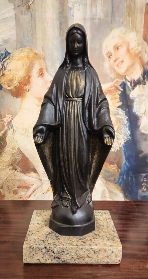 Statue ancienne de la Vierge Marie – fonte patinée sur socle en marbre