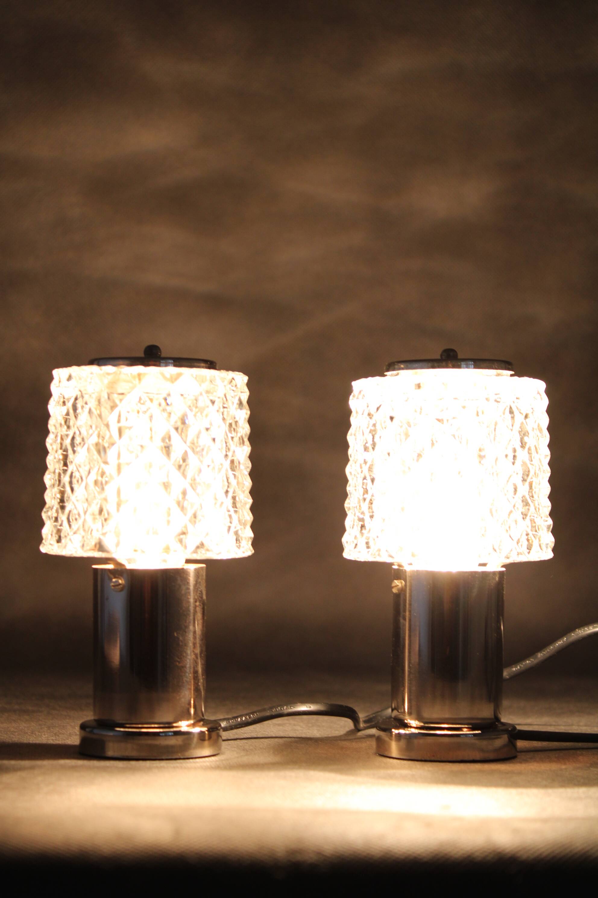 1970s Pair of Nightstands Glass Lamps by Kamenicky Senov, Czechoslovakia