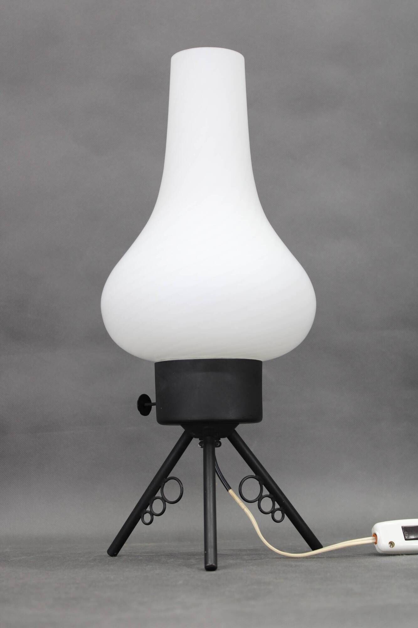 1960s Czech mid-century table lamp with sculptural glass shade and metal tripod