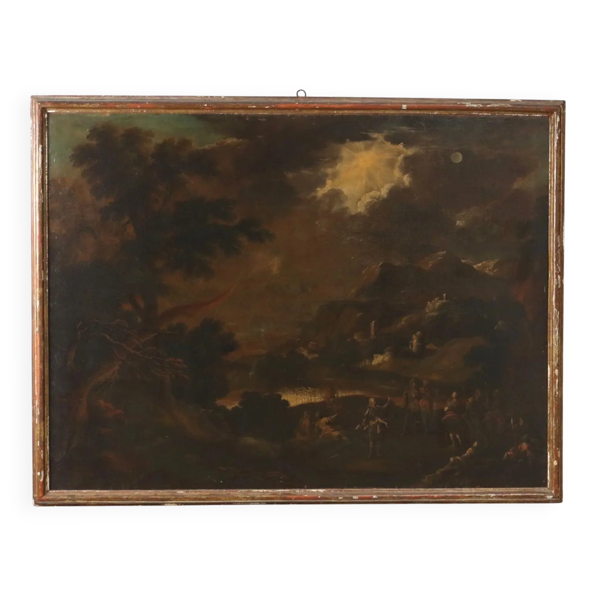 Old painting of a preaching scene, oil on canvas, 18th century.