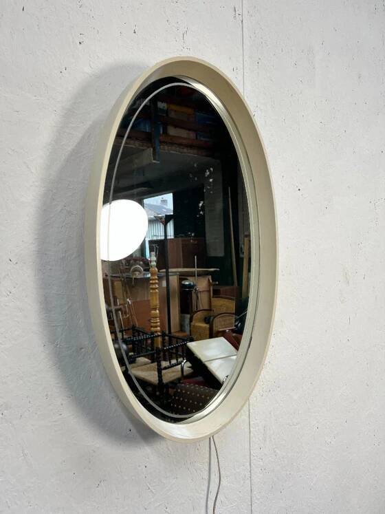 Vintage Oval Mirror with Lighting in Wooden Frame, Hillebrand Germany 1970s