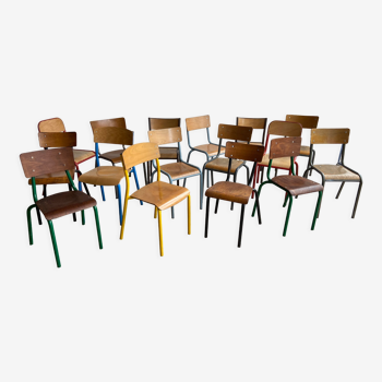 Lot de 15 chaises industrielles école dépareillées vintage mullca tube & bois