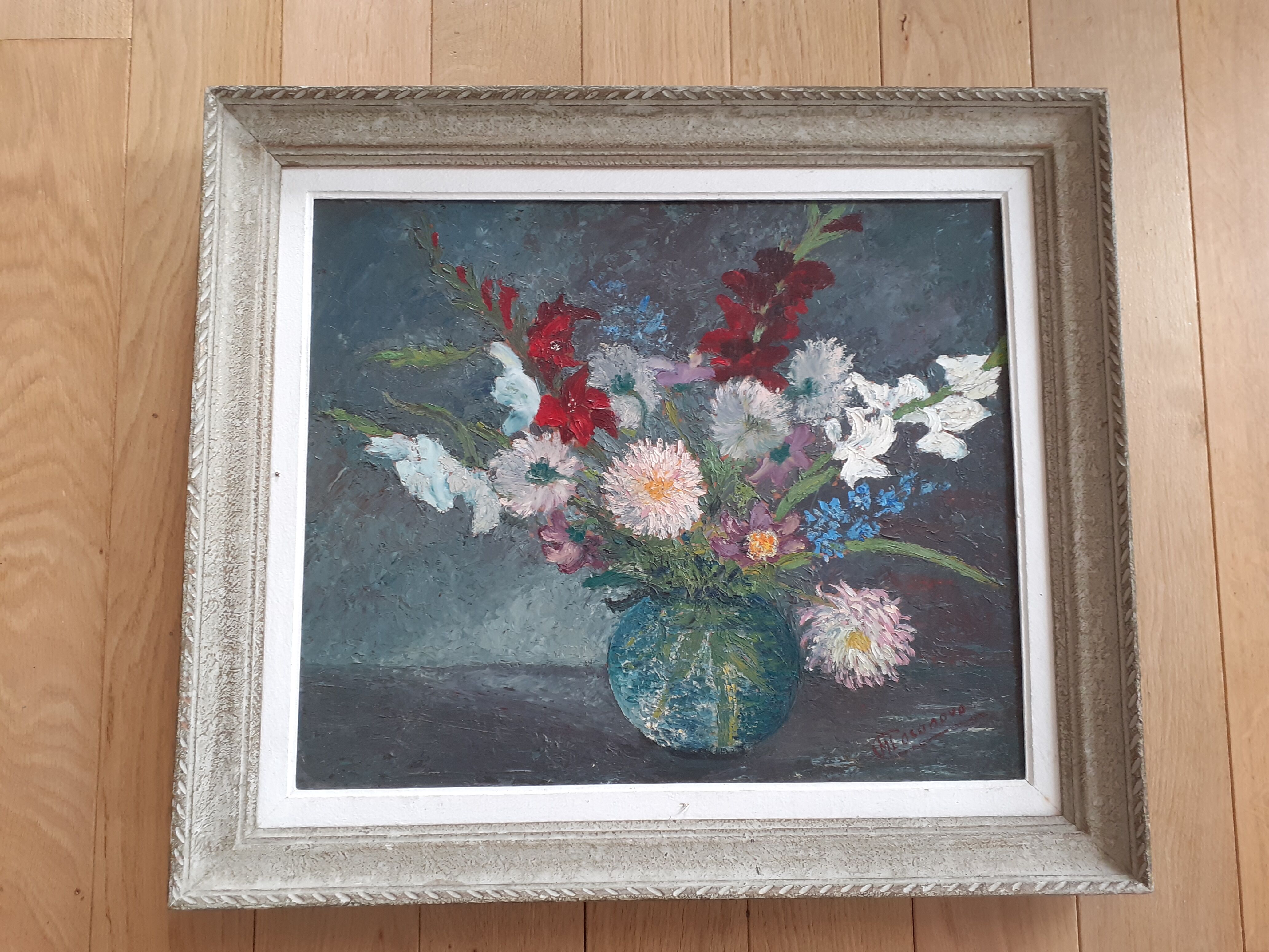 Table bouquet of flowers dahlias gladiolus