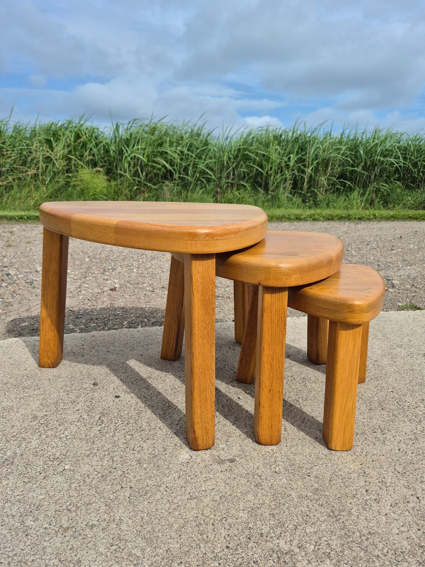 Set 3 Vintage brutalist oak side nesting tables triangular