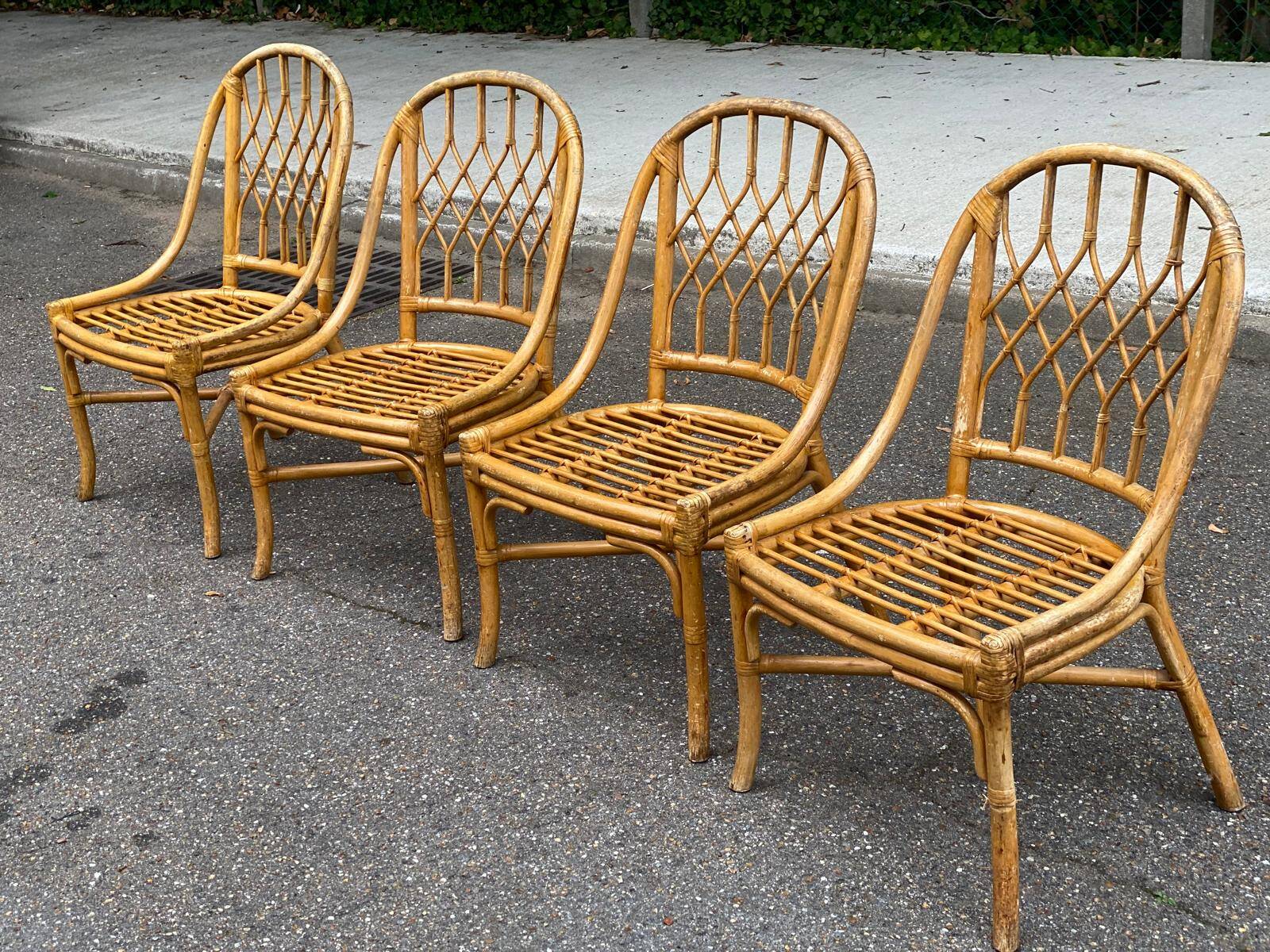 4 bamboo, rattan and wicker gondola chairs from the 70s