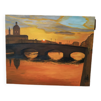 Peinture à l'huile sur toile des années 70, coucher de soleil sur le lungarno, florence, signée