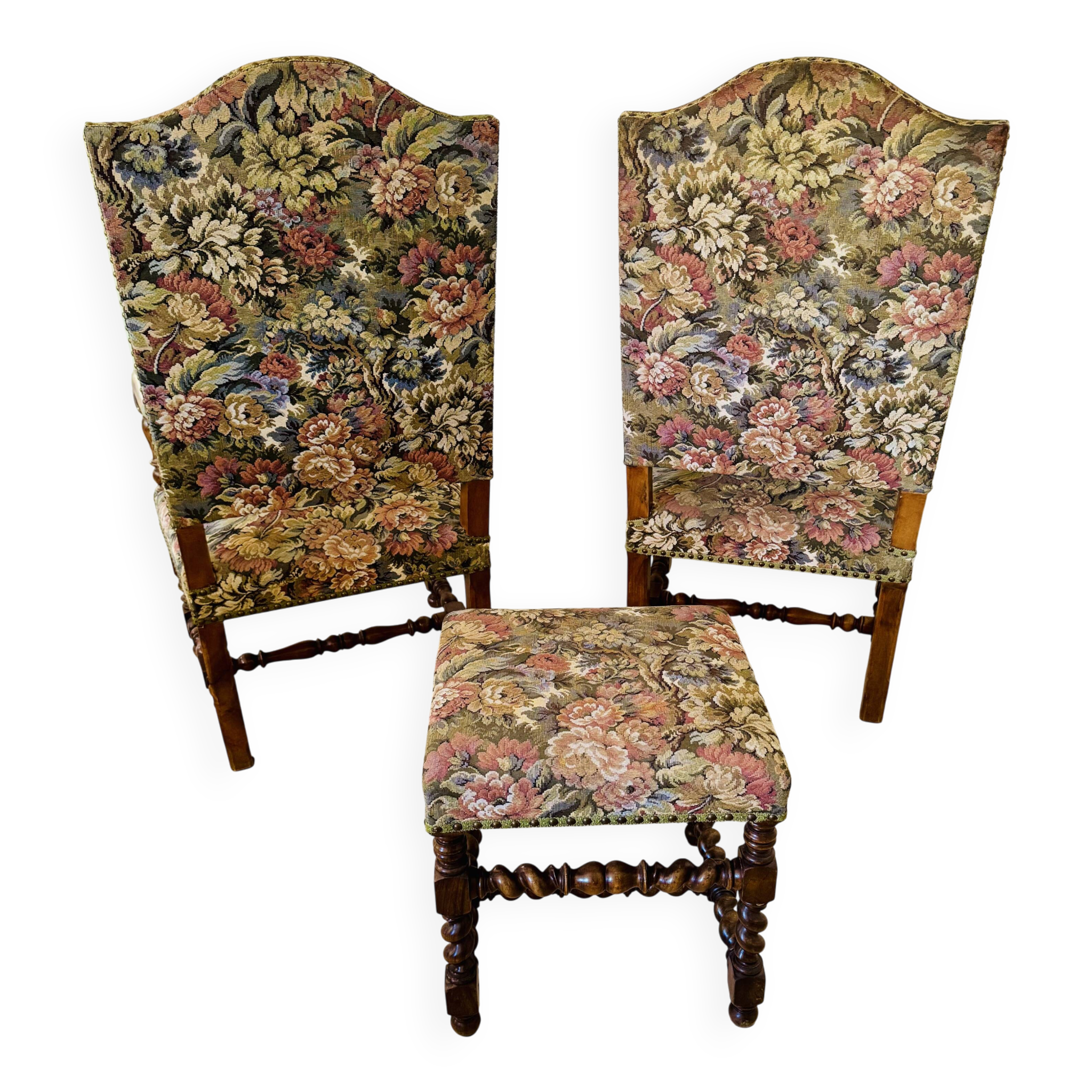 Pair of antique armchairs in Henri II / Neo-Renaissance style + footrest