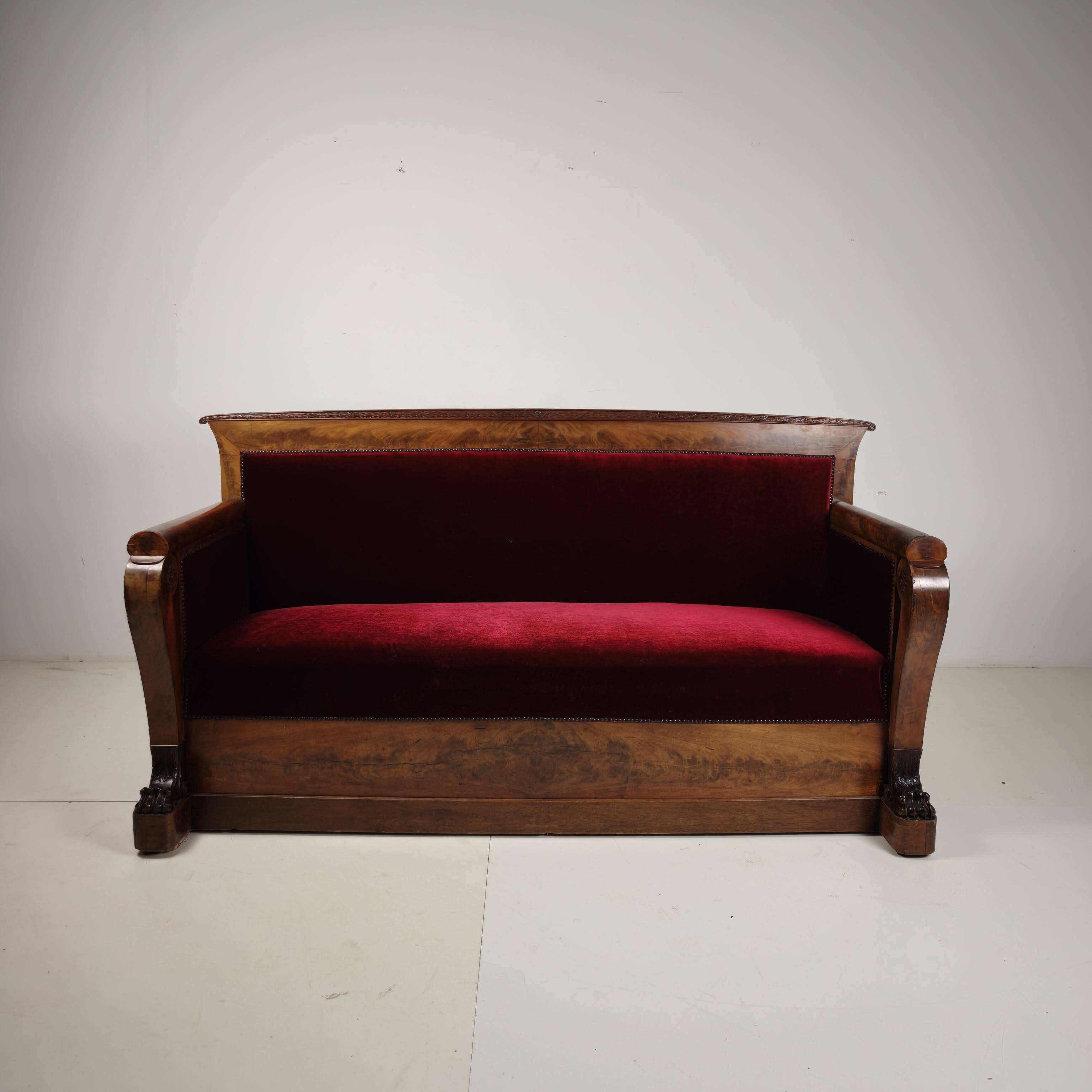 Empire Walnut Red Sofa, early 19th Century