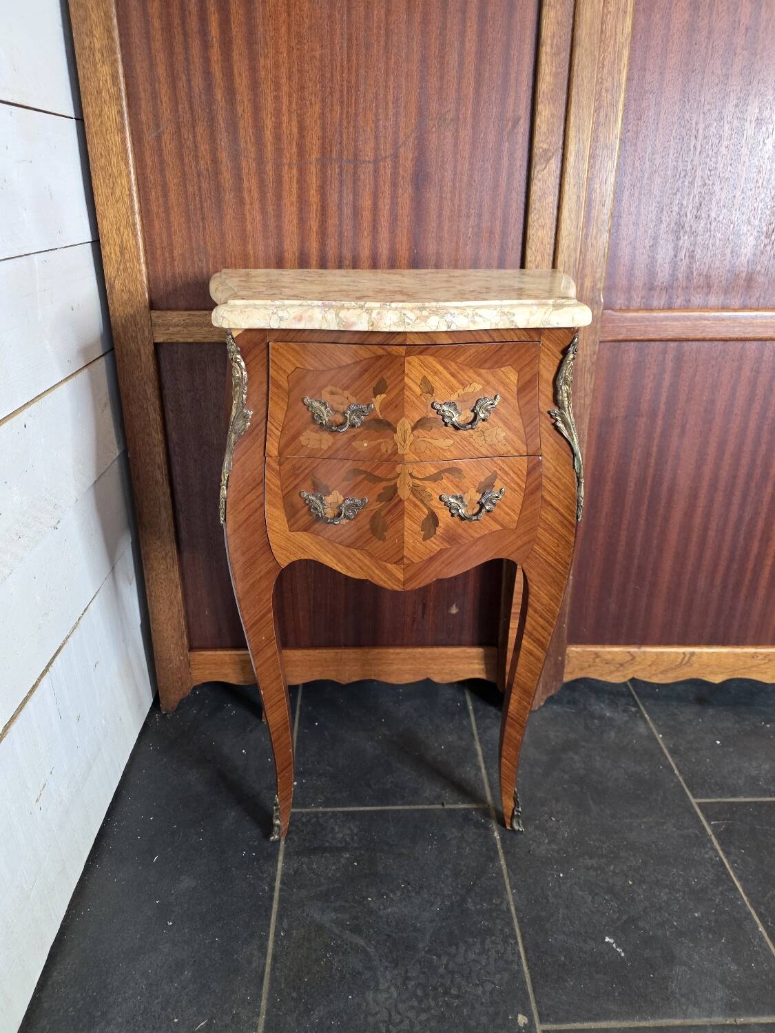 Louis XV style curved bedside table in marquetry
