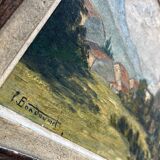 Tableau HSP "Village view with bell tower" signed + frame