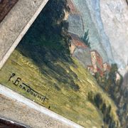 Tableau HSP "Village view with bell tower" signed + frame