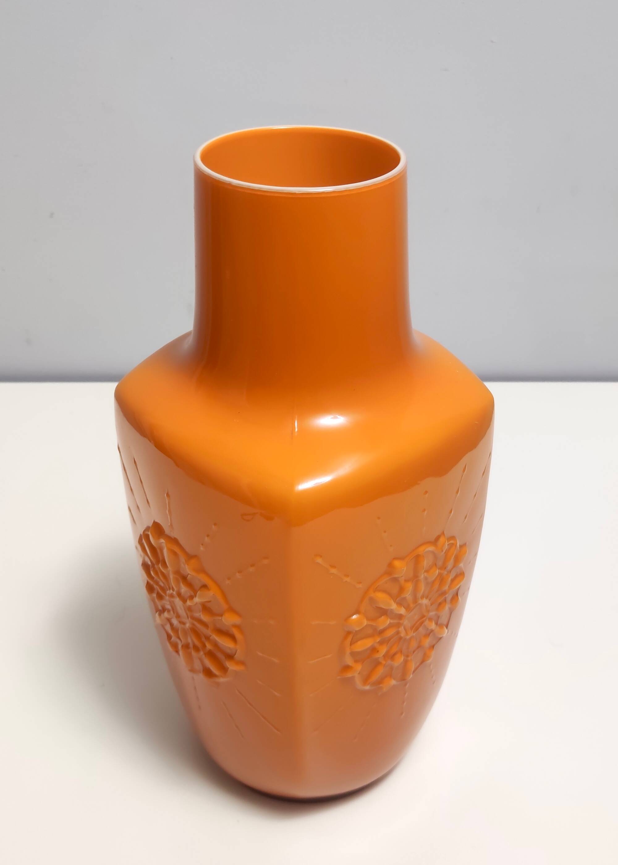 Orange Encased Hand-Blown Glass Flower Vase, Empoli, Italy