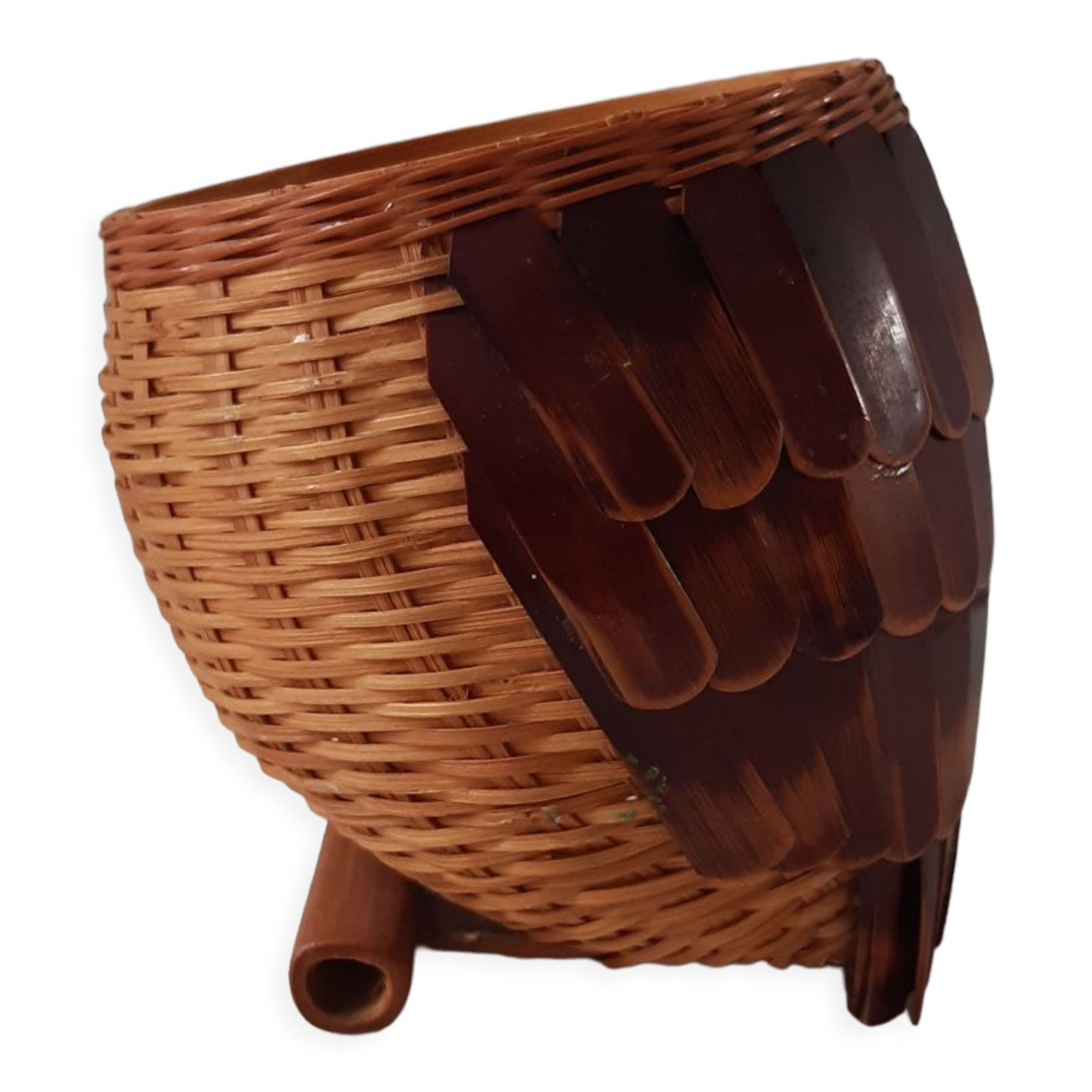 Cache-pot chouette en osier et rotin années 70