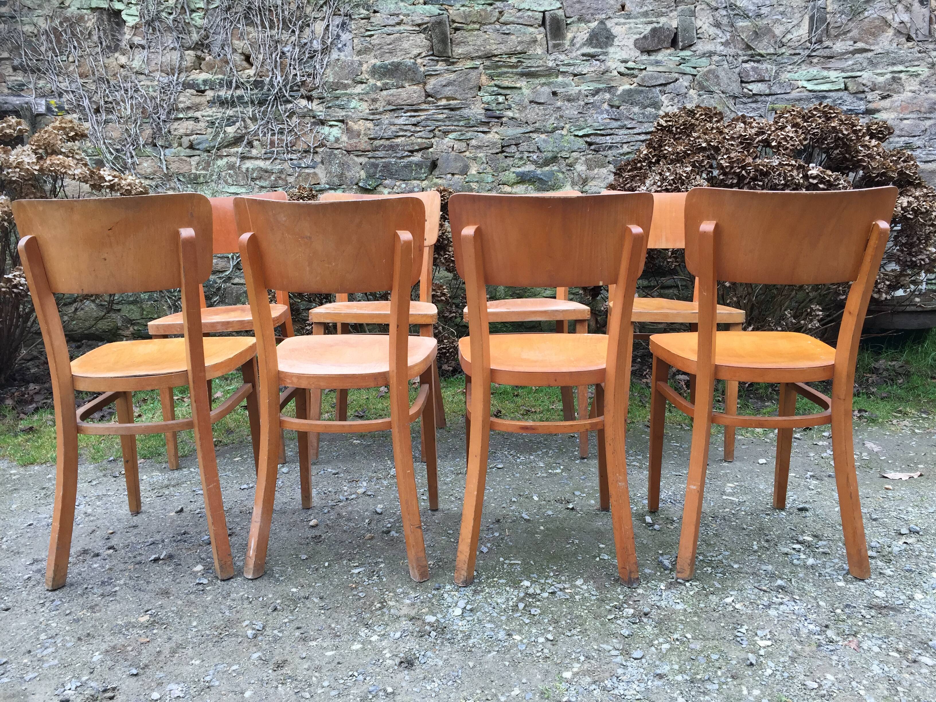 Vintage chairs stamped Thonet in curved beech wood and curved cp backrest.