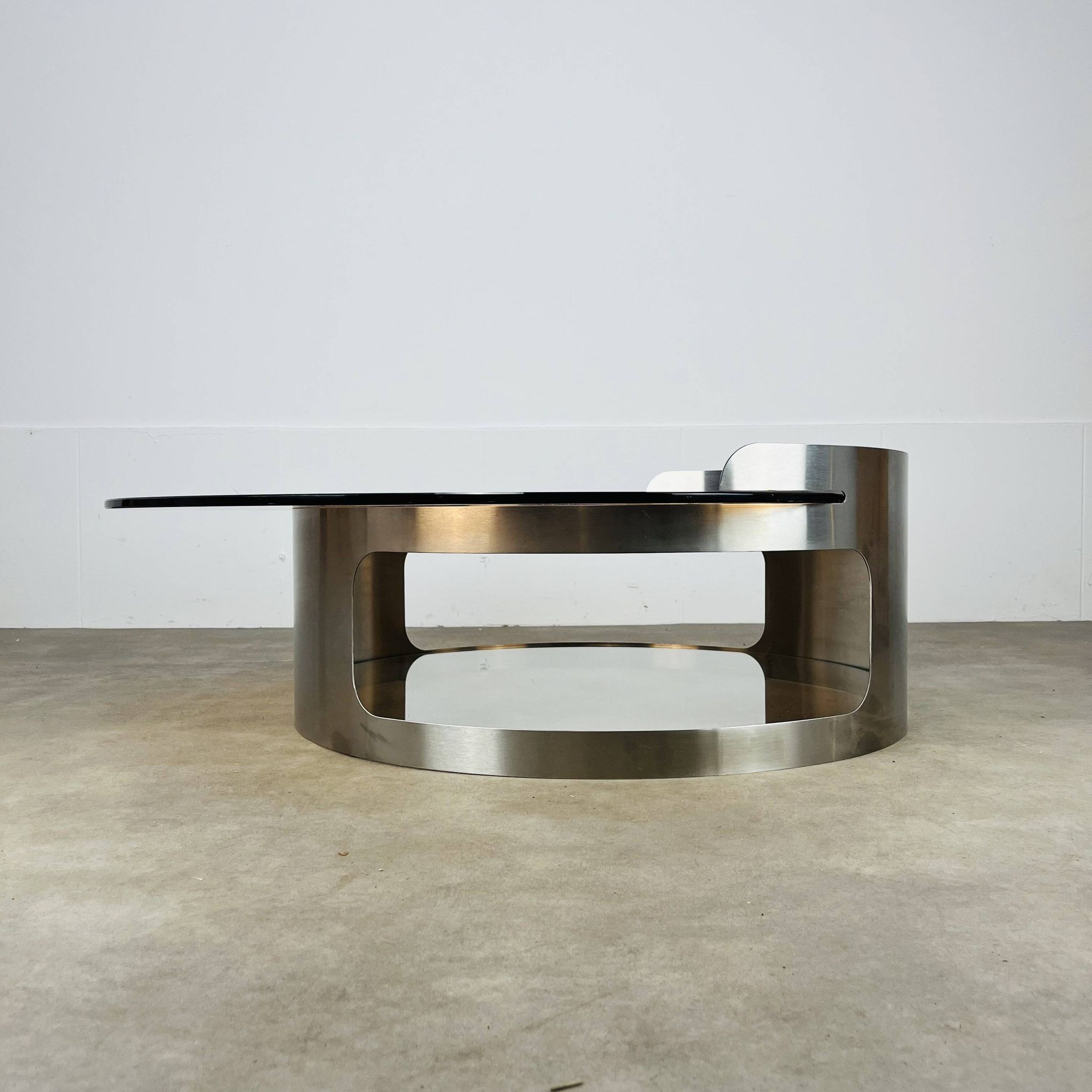 Kappa coffee table in steel and smoked glass, Maria Pergay style, 1970s.