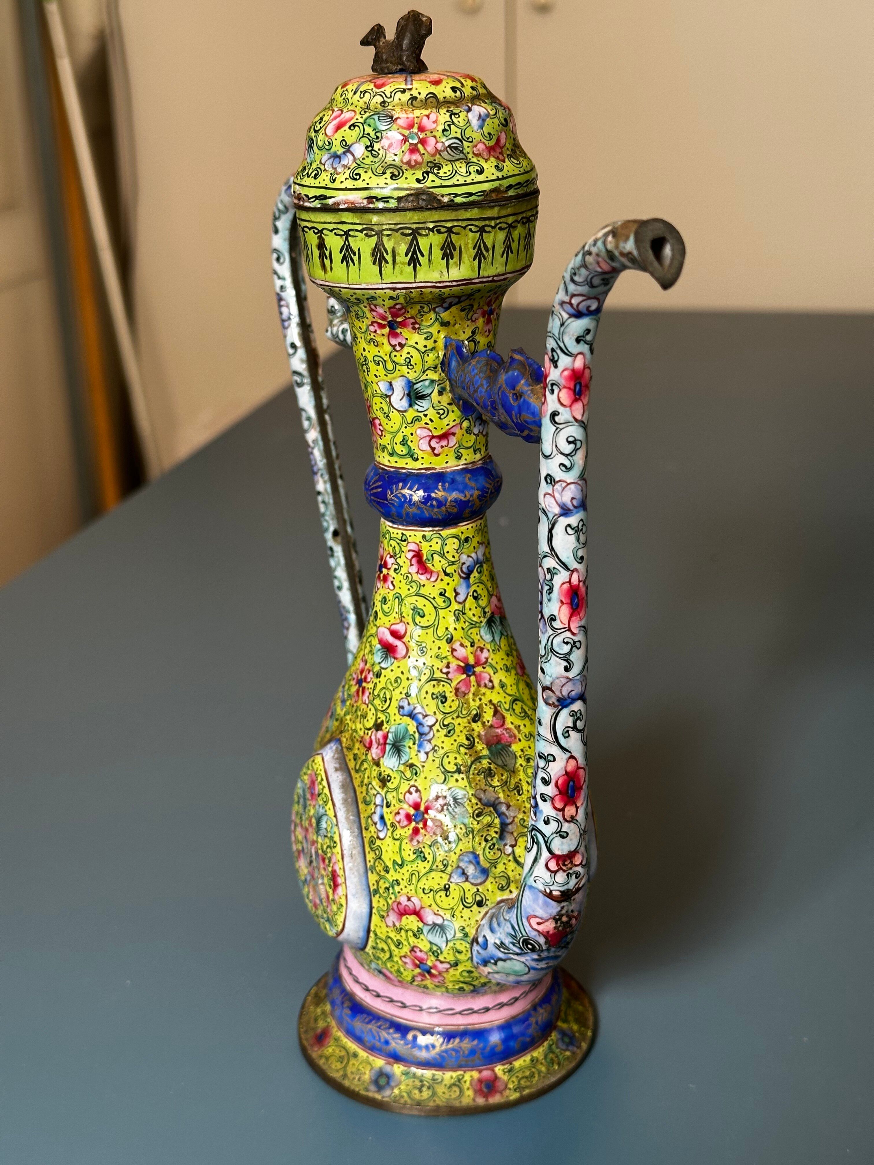 Chinese ewer in painted enamel on copper – floral decoration - Canton 18