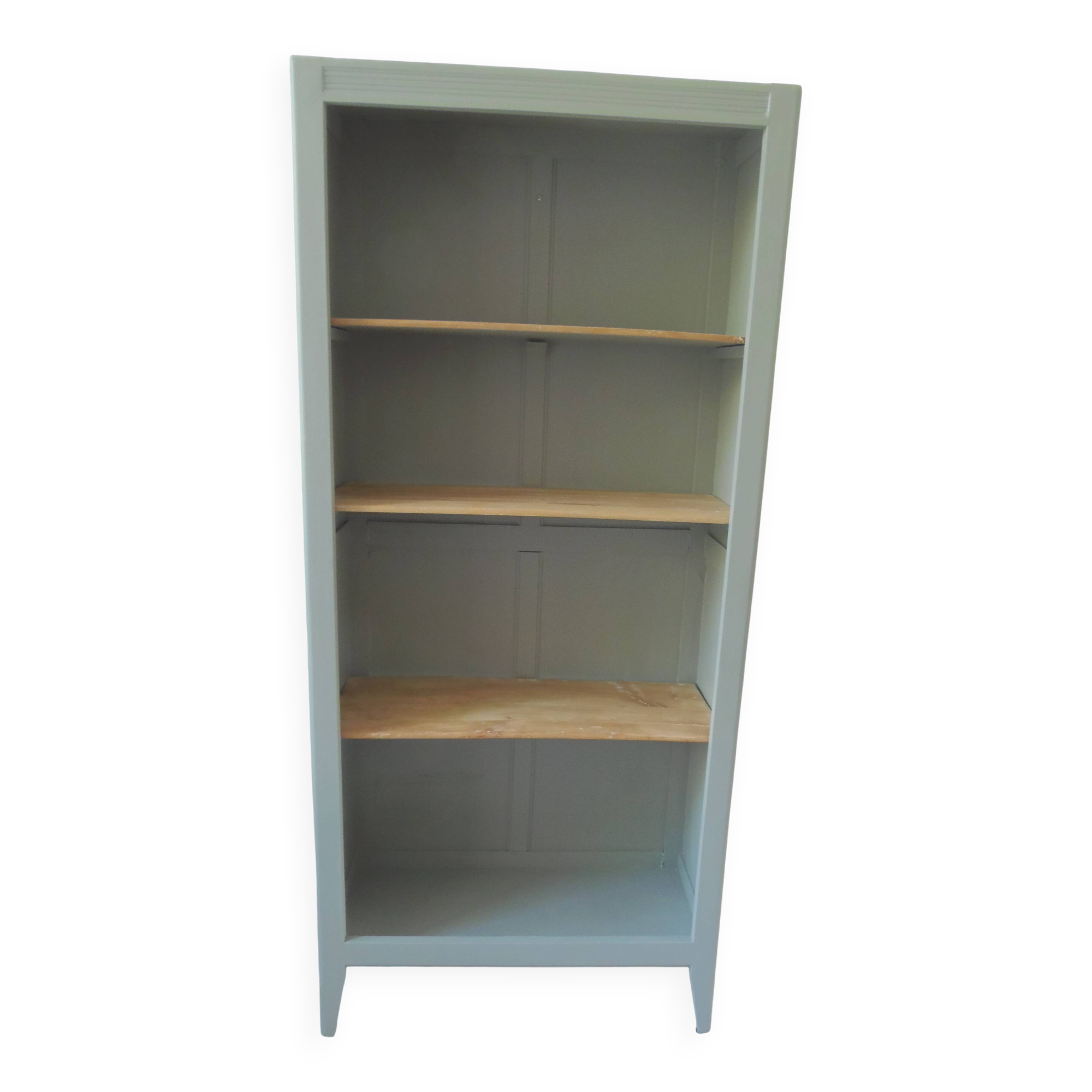 Vintage shallow bookcase re-enchanted in verdigris.