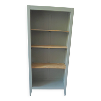 Bibliothèque vintage de faible profondeur réenchantée en vert de gris.