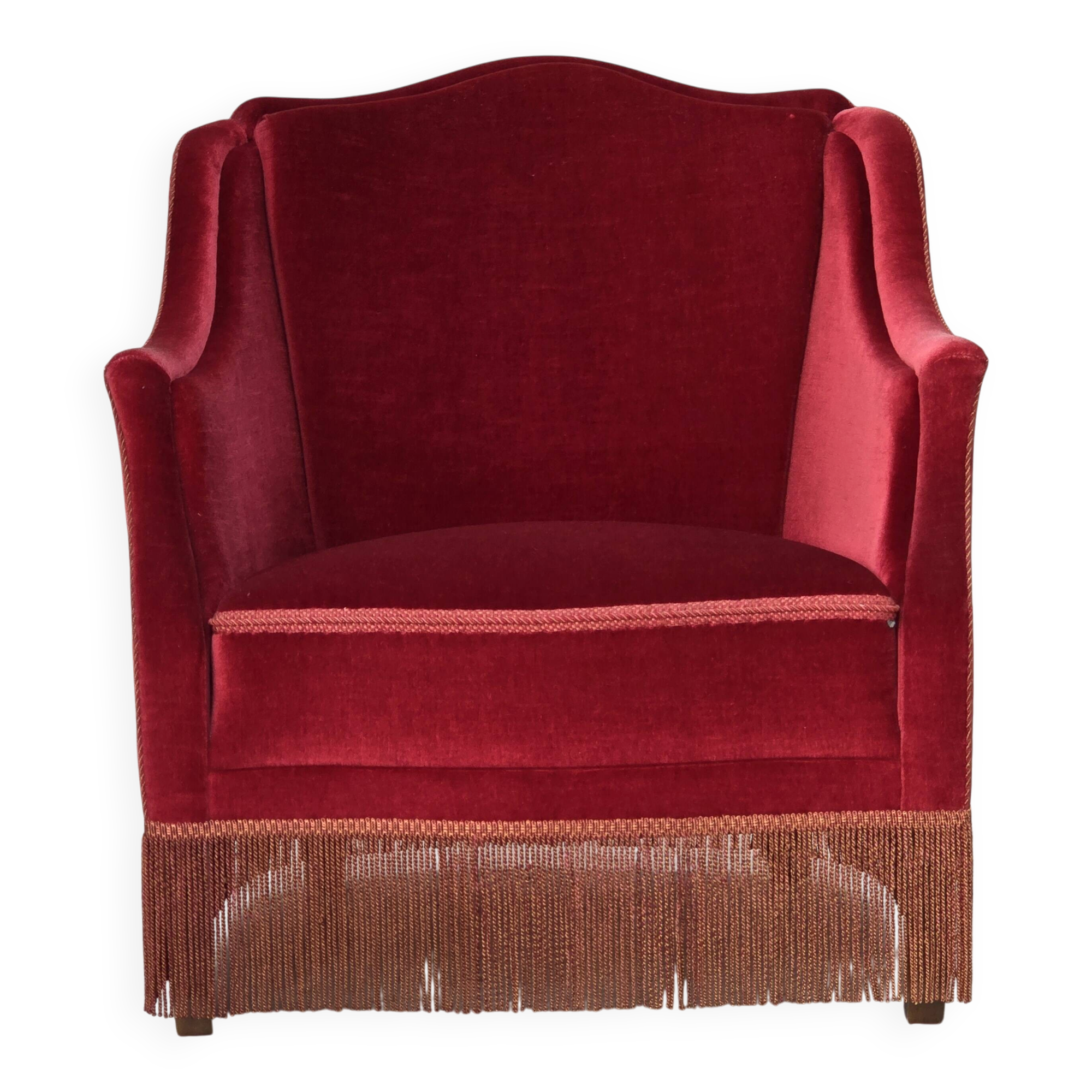 Fauteuil danois des années 1970, velours de mobilier, pieds en bois d'orme.