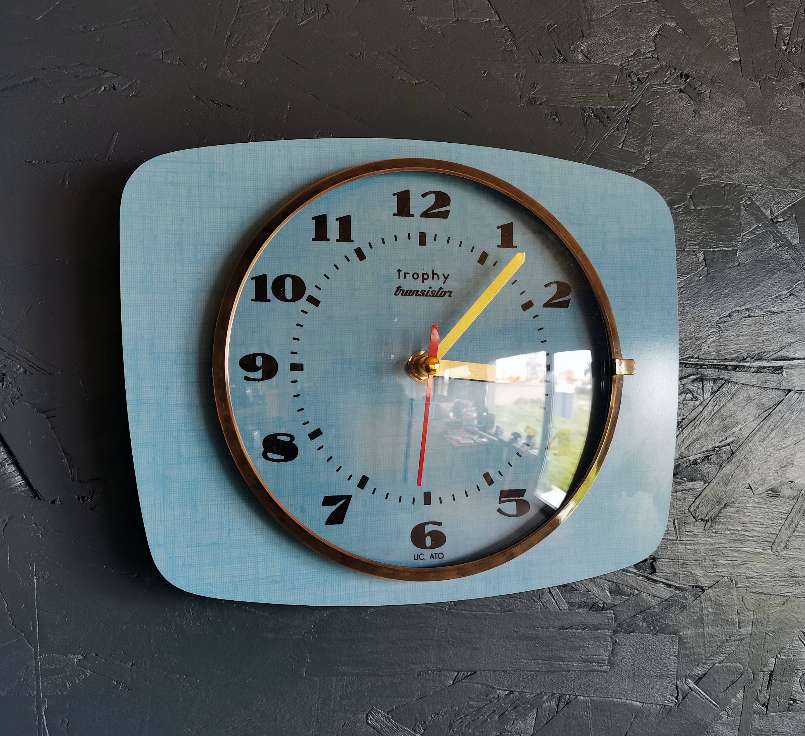 Vintage formica clock rectangular silent wall pendulum "Trophy blue"
