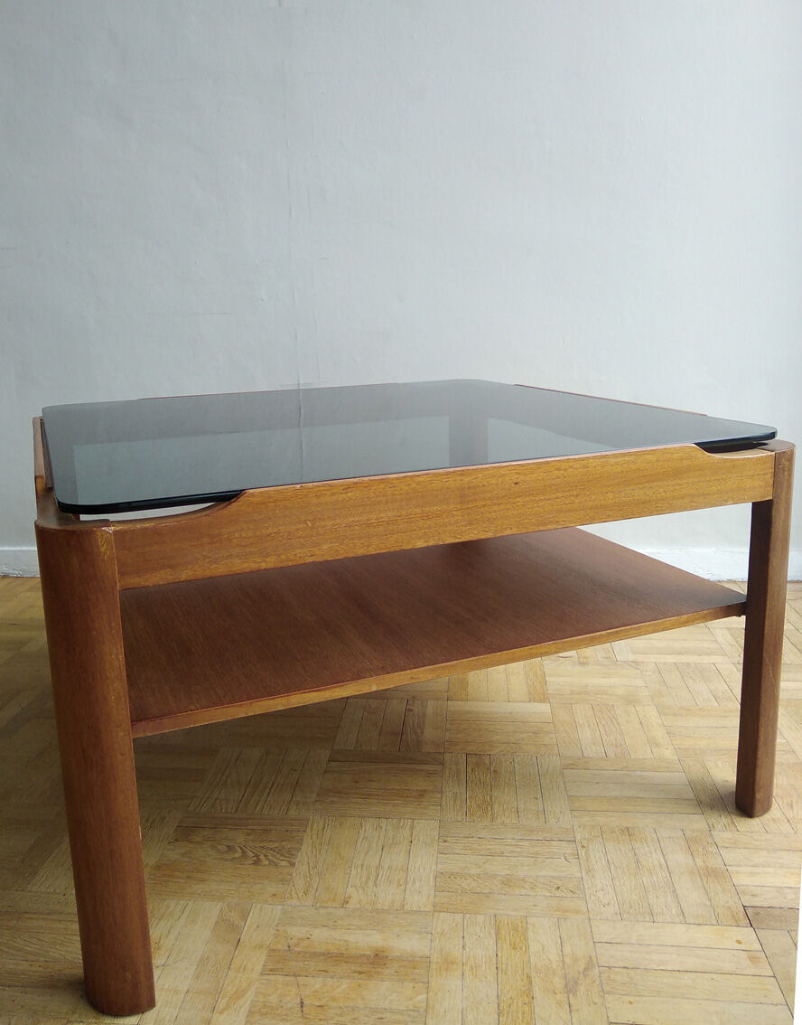 Table basse carrée en teck et verre - 1970