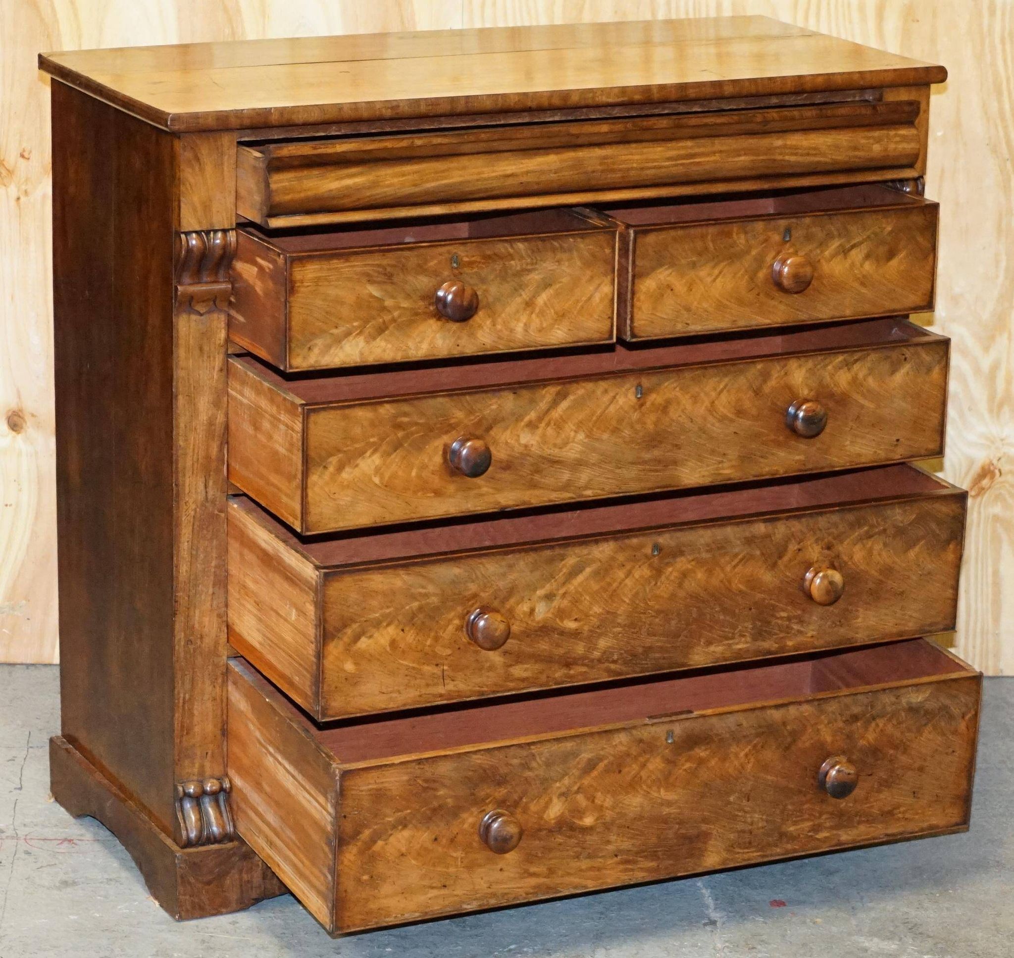 Commode en bois dur flammé victorien XIXe siècle avec tiroir caché