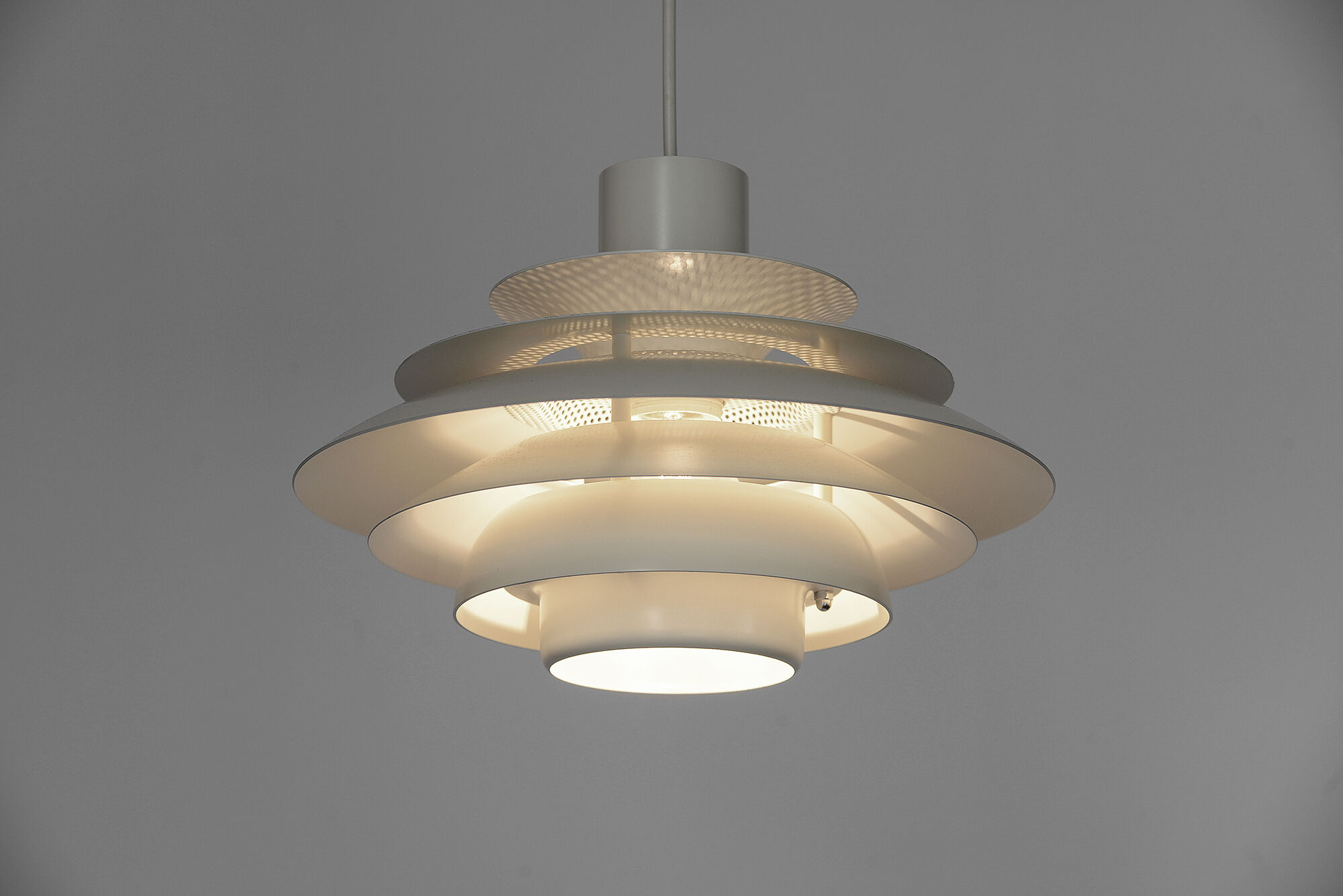 Pendant light with white powder coating from "Superlight", Denmark 1970s