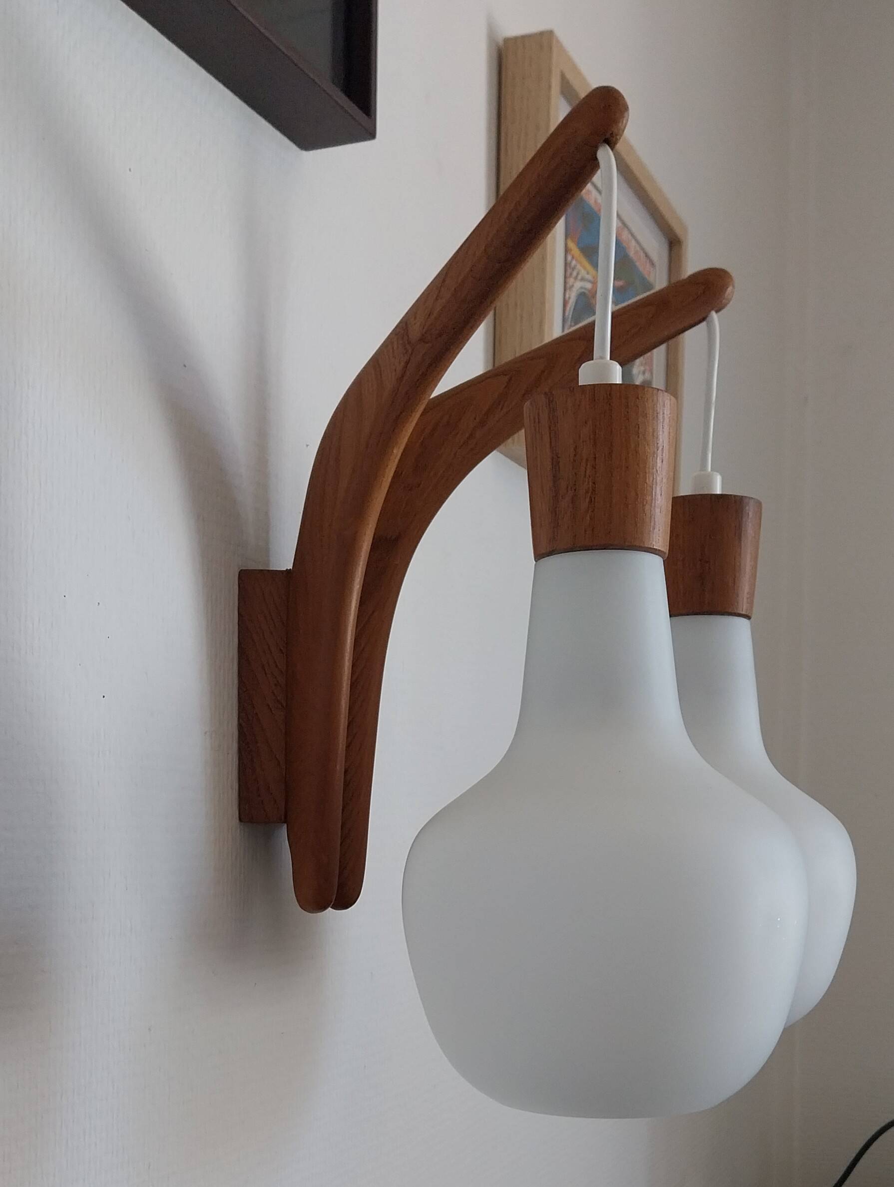 double teak wall lamp and Scandinavian suspended opalines