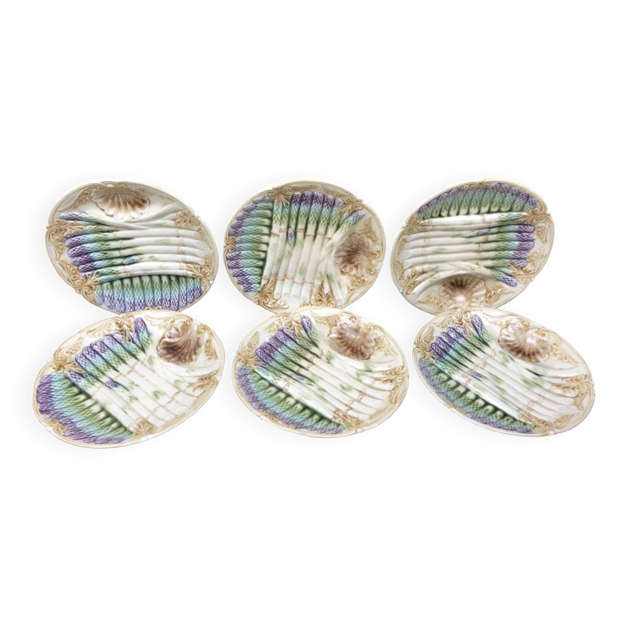 Série de 6 assiettes à asperges Barbotine vintage
