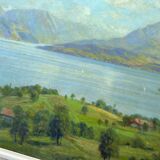 Table, oil painting lake of salagou