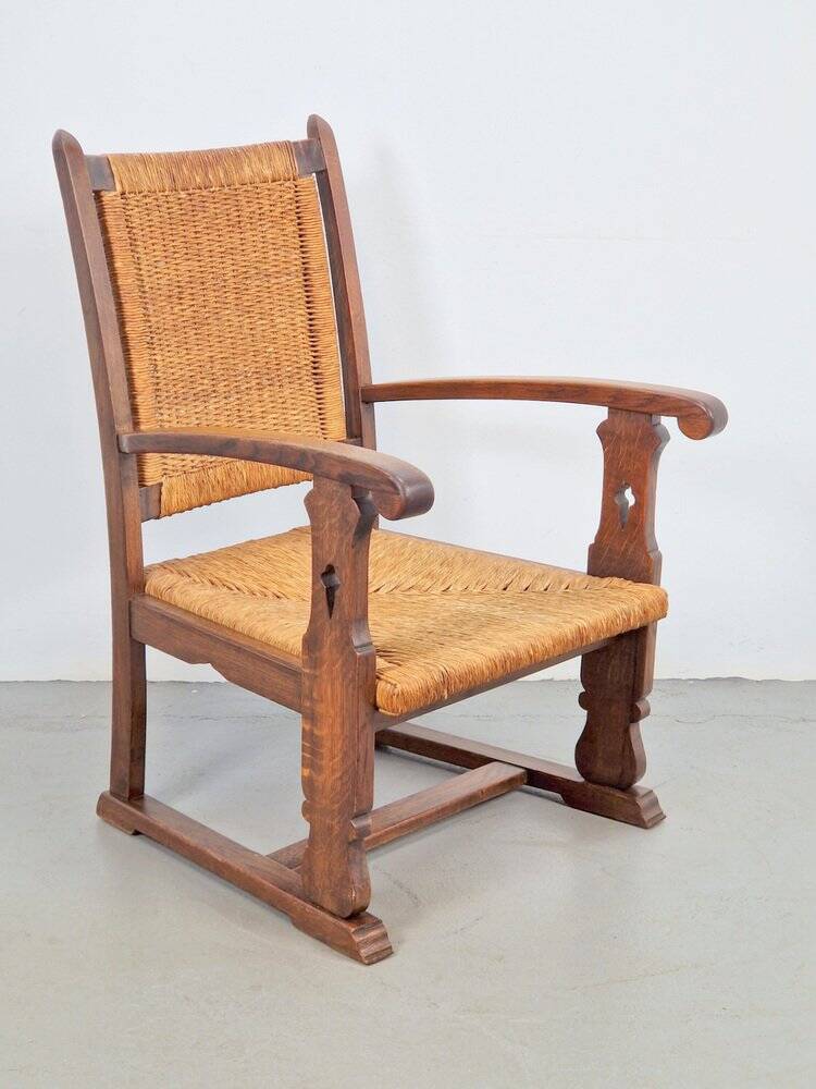 Modernist Brutalist Armchair in Rush and Oak, 1950s