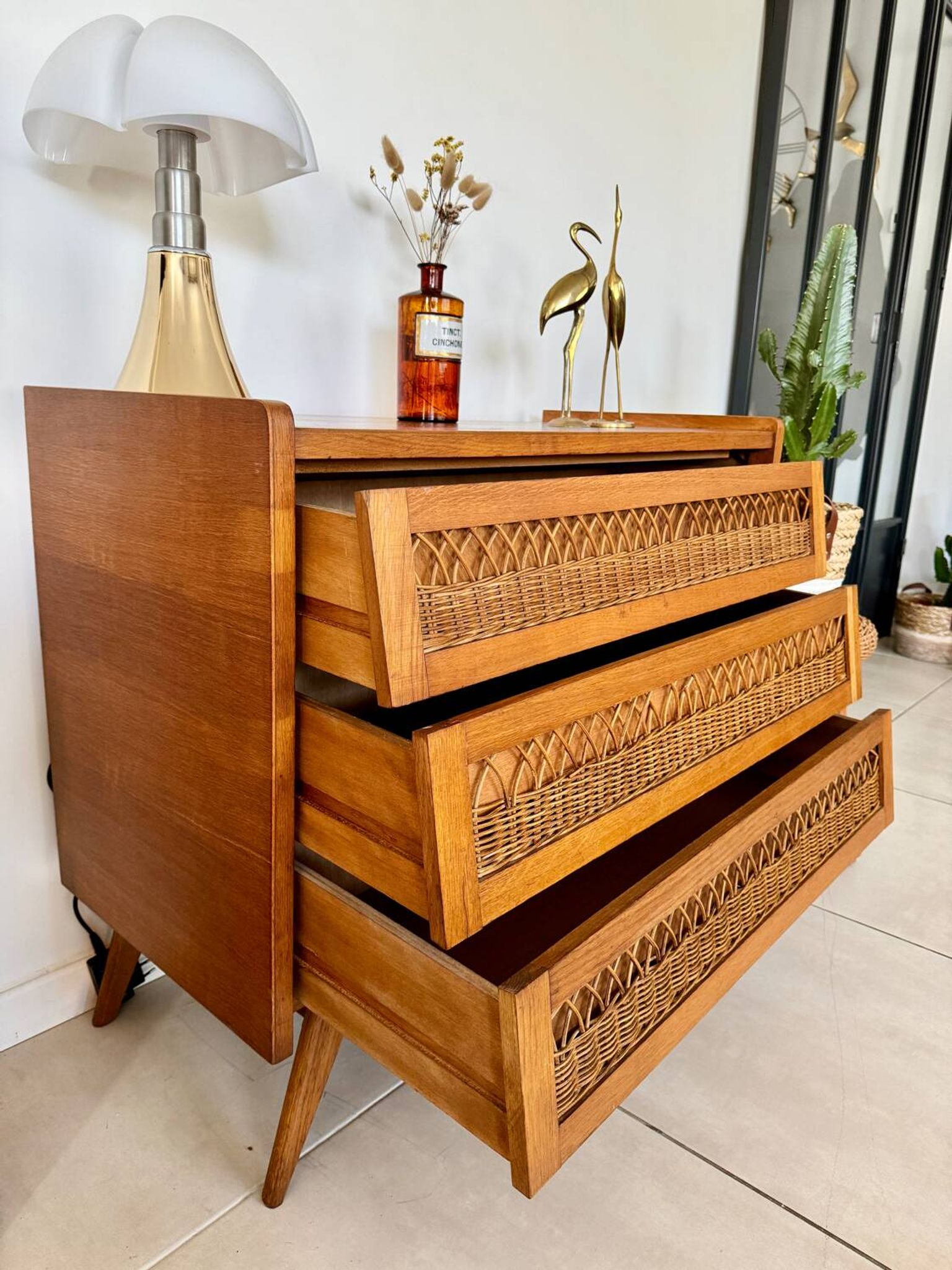 Commode bois et rotin vintage