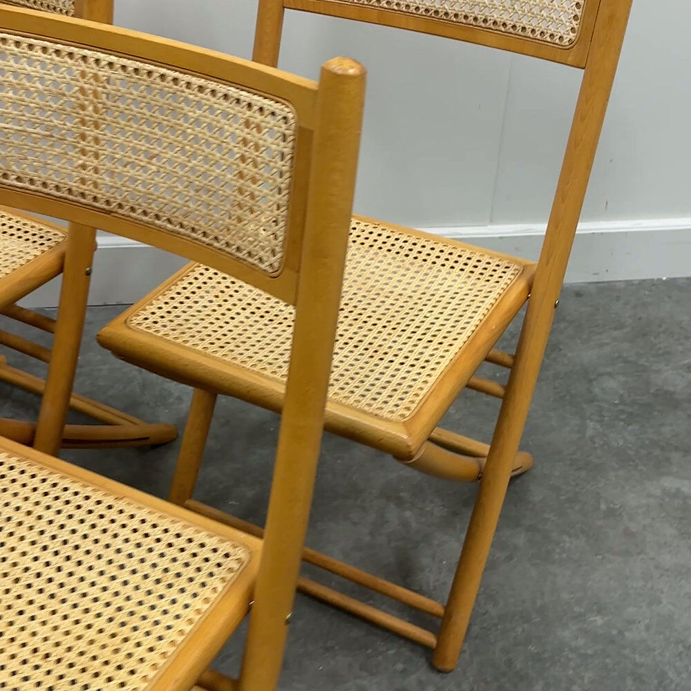Rare set of four Belgian folding chairs in solid wood and hand-woven cane, mid-century