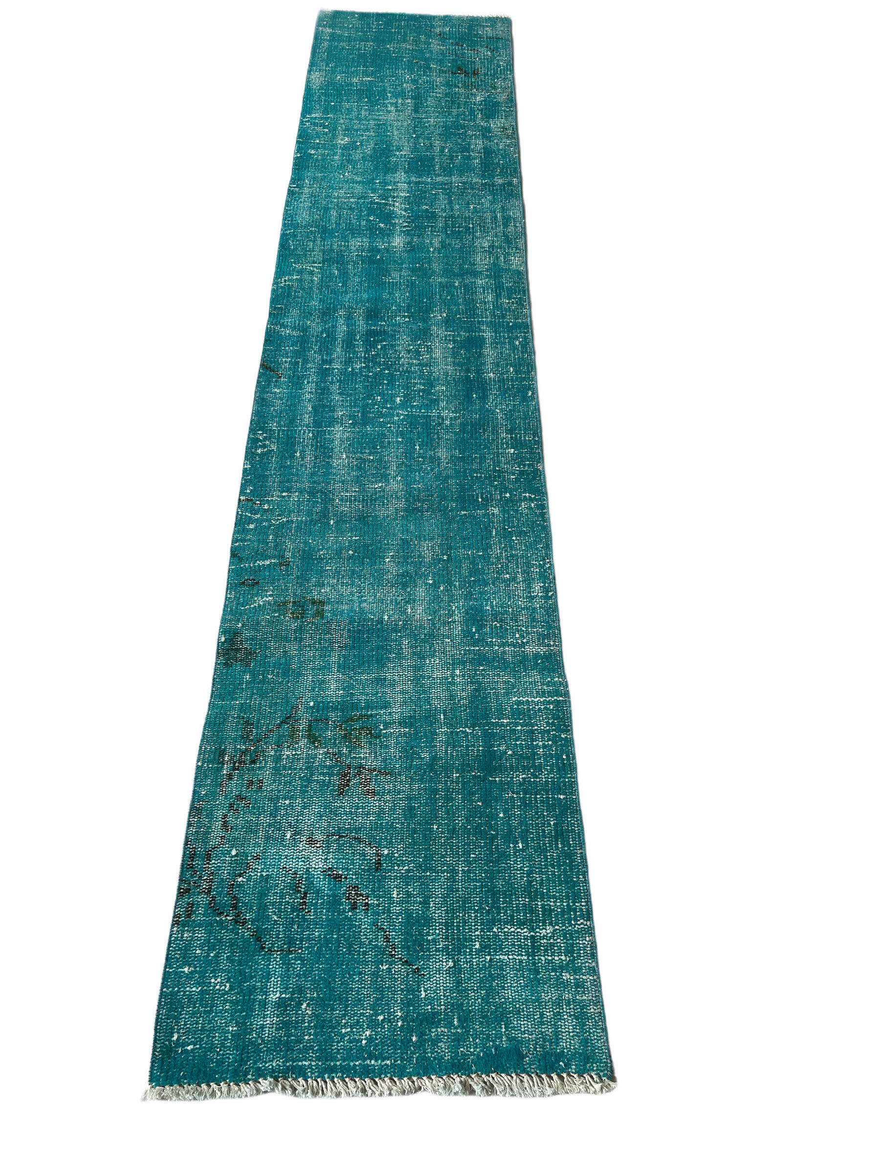 Distressed Turkish Narrow Runner 304 x 76 cm Wool Vintage rug, Overdyed Turquoise