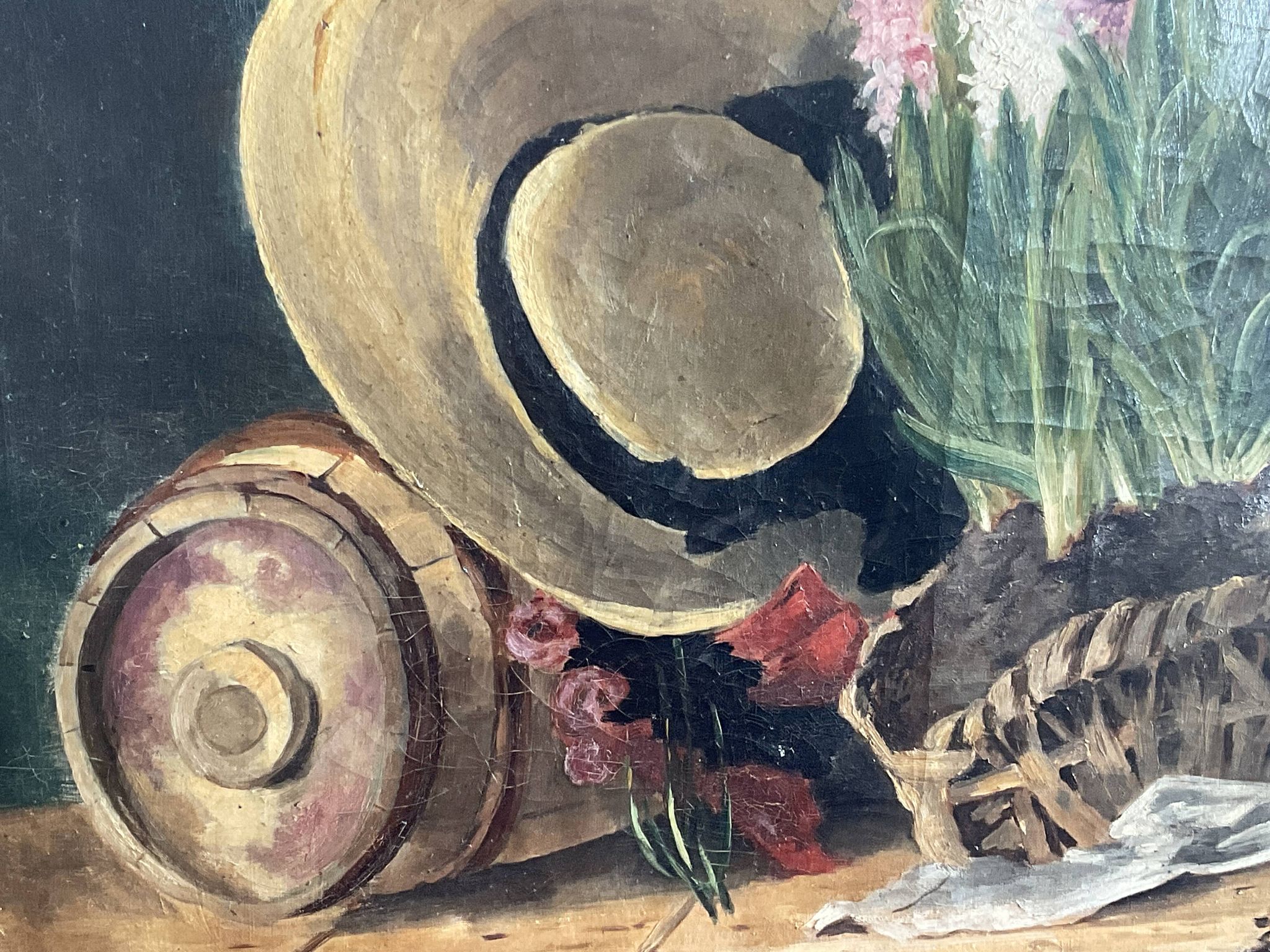 antique still life flowers hat oil on canvas French school