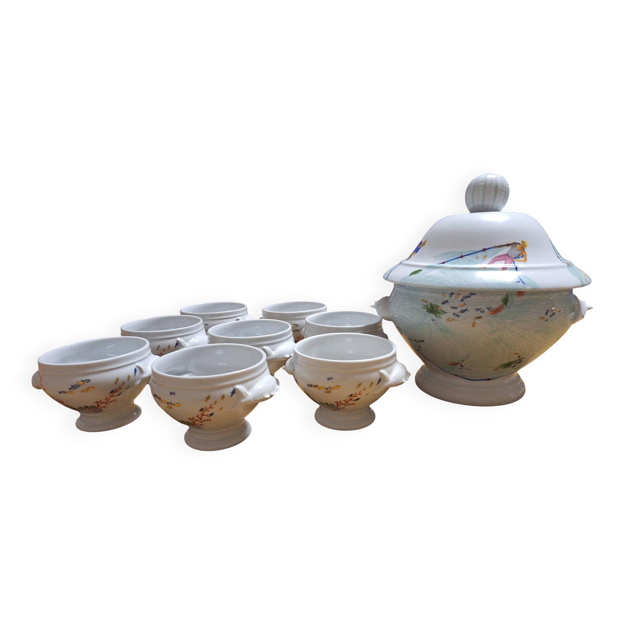 soup tureen + 8 bowls – Philippe Deshoulières “Caribbean Sea” – Porcelain