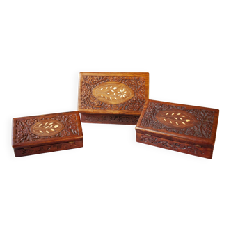 Antique hand-carved wooden boxes. Hand carved wooden jewelry boxes.